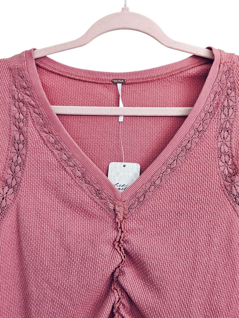 Free People Wear Me Out Ruched Long Sleeve Lace Thermal in Rose Smoke XS NWT - Picture 3 of 6